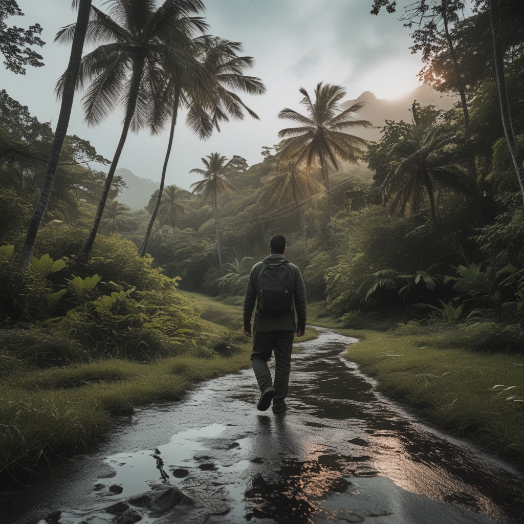 Pria paruh baya berpakaian kasual berjalan di jalur pendakian hutan tropis yang rimbun dengan sinar matahari menembus pepohonan tinggi, suasana tenang dan aktif